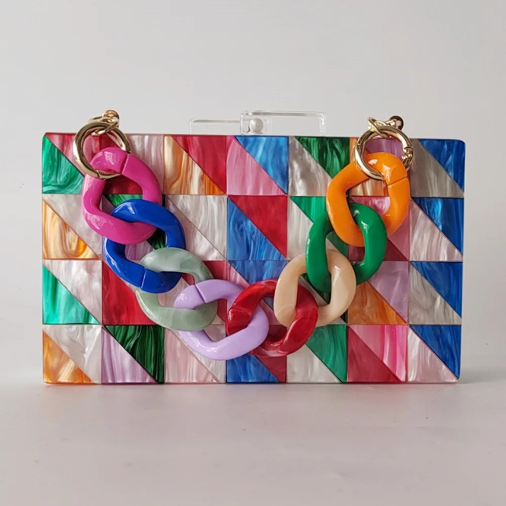 Colorful Triangle Patchwork Acrylic Box  Evening Clutch Bag Women Luxury Designer Handbags Party Wedding  Summer Mini Flap Purse