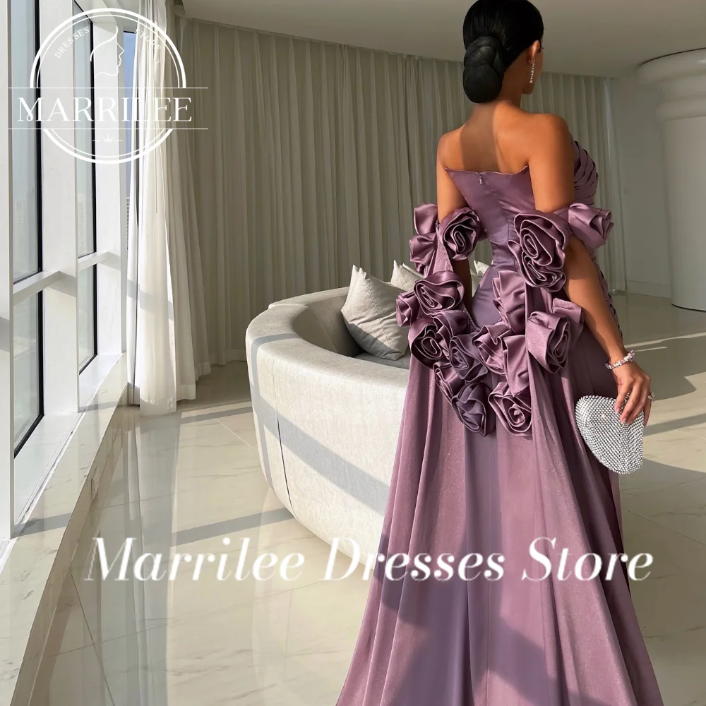 Marrilee Strapless Satin Solid Color Sweep Train 3D Flowers Zipper Back Chapel Train A-Line Elegant Luxury Evening Dress