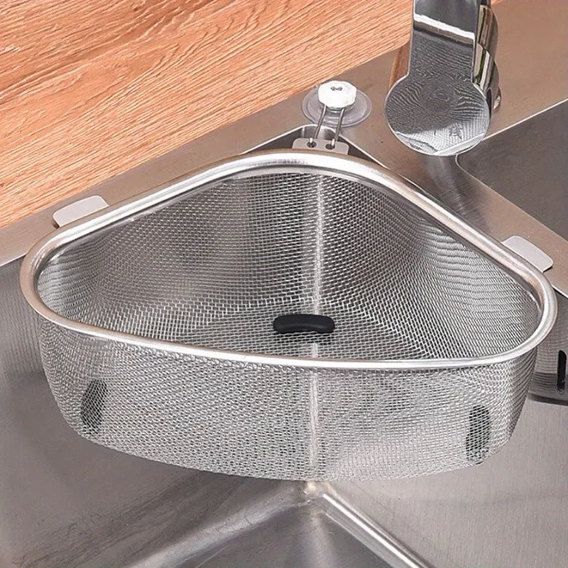 Kitchen Sink Strainer Basket, Stainless Steel Triangular Sink Strainer Corner Sink Rack Collect Food Scraps Washing Basket
