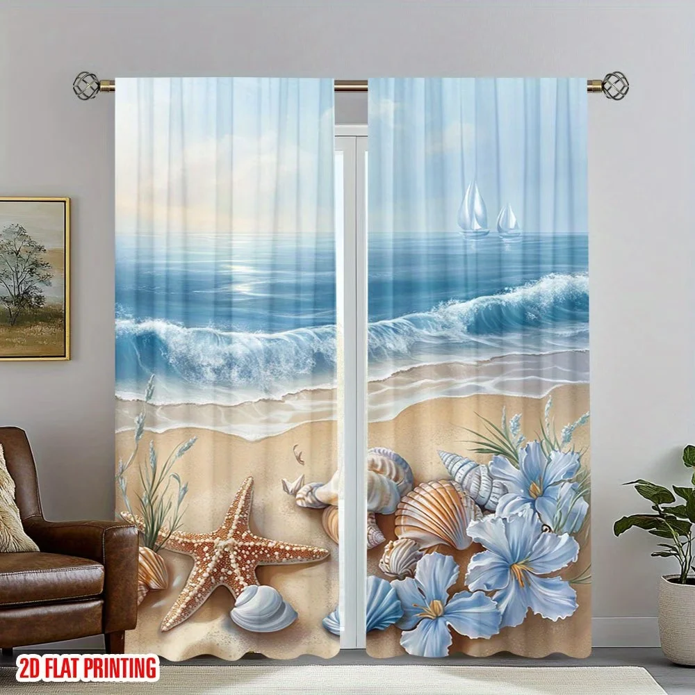 Home Decor Window Blinds - 2PCS Digital Printed Curtains, Seashell Starfish