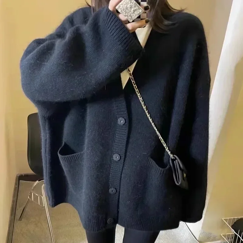 Korean Style Brown Coffee Oversized Cardigan Women Pocket Single-breasted Autumn Winter Knitwear V-neck Cardigan