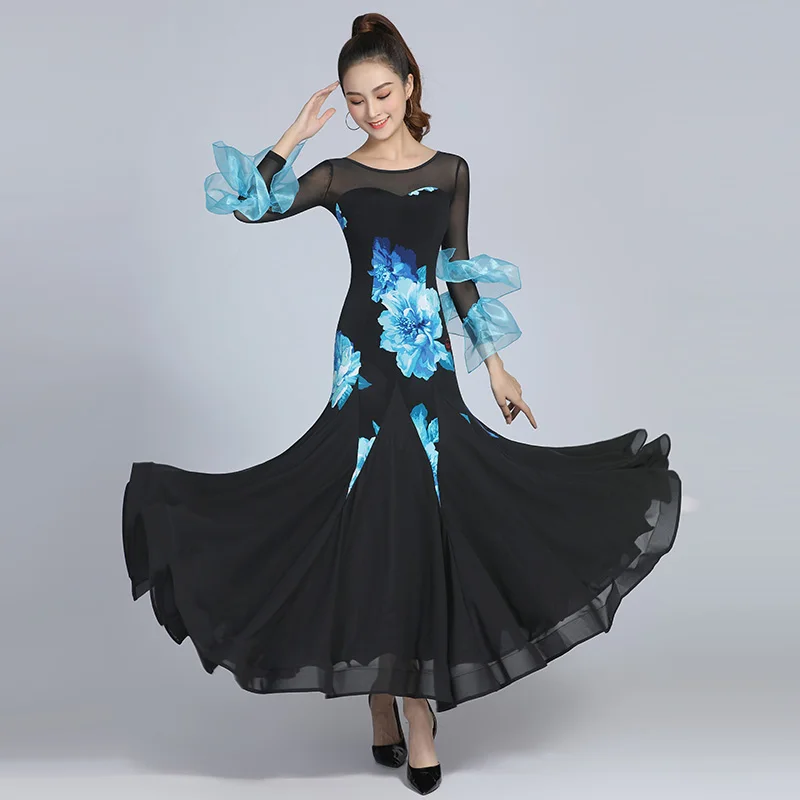 

2022 New Women Ballroom Dance Performance Dress Long Sleeved Practice Dress Adults Female Waltz Latin Modern Dance DresDN11536