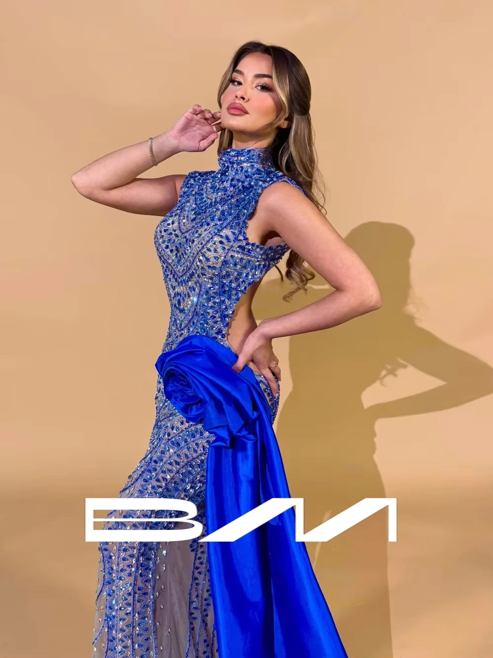 

Royal Blue Delicate Evening Dress Customized Sexy Cut Out Beaded Party Fashionable Rhinestones Prom 3D Flowers Cocktail Gown
