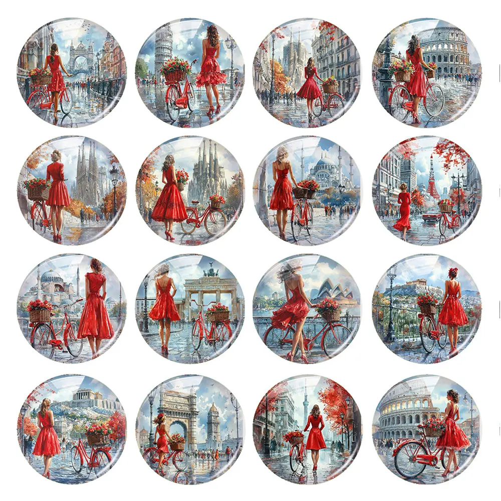 Random Mixed Round/Oval/Square World Landmark Red Dress Bicycle Lady Photo Glass Cabochon Flatback Demo Cameo Diy Jewelry Making