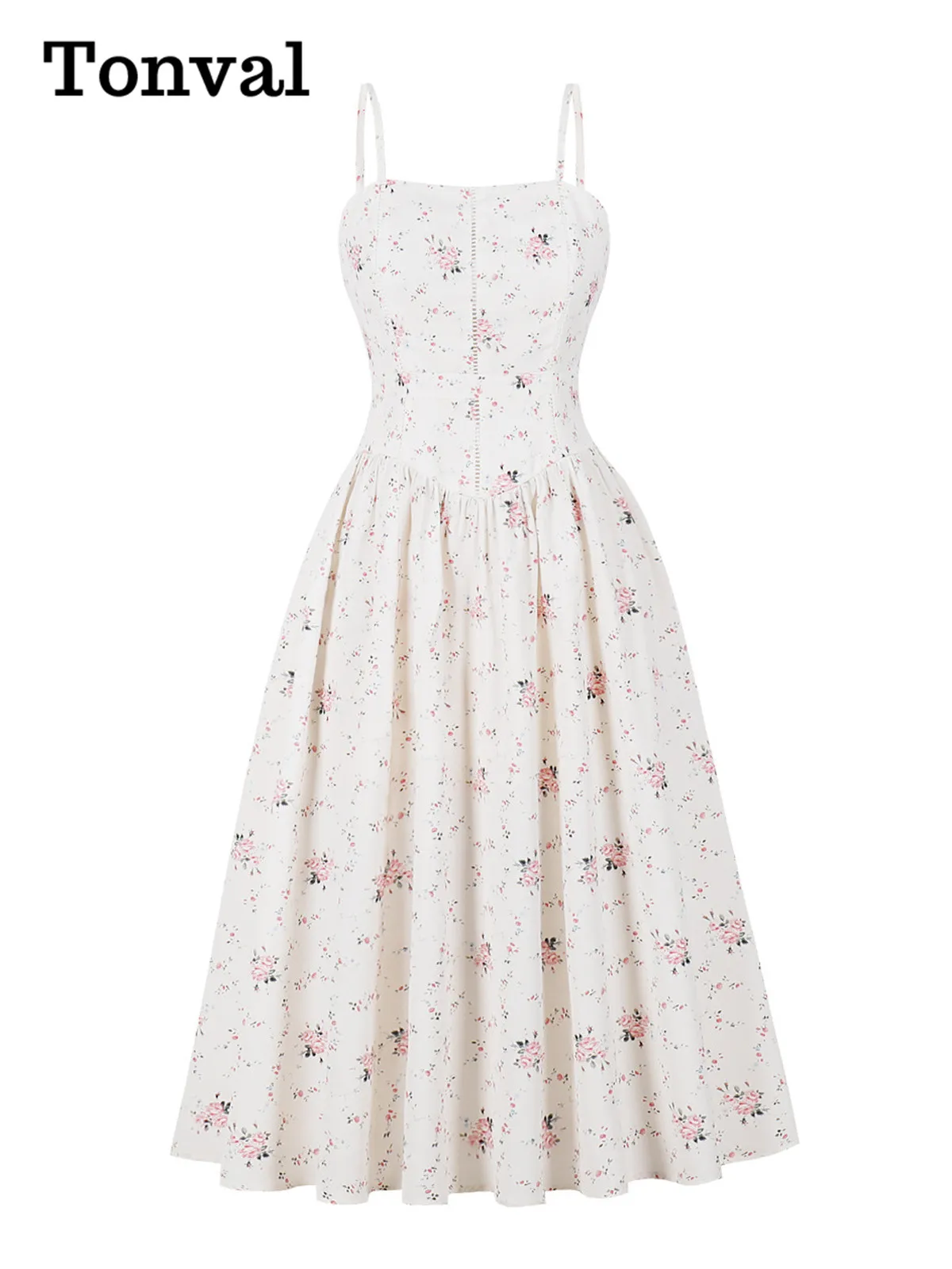 Tonval Abiti longuette a pieghe con stampa floreale a vita alta con cinturino per spaghetti 2025 Abiti estivi per feste di compleanno Abito da ballo senza schienale per donna