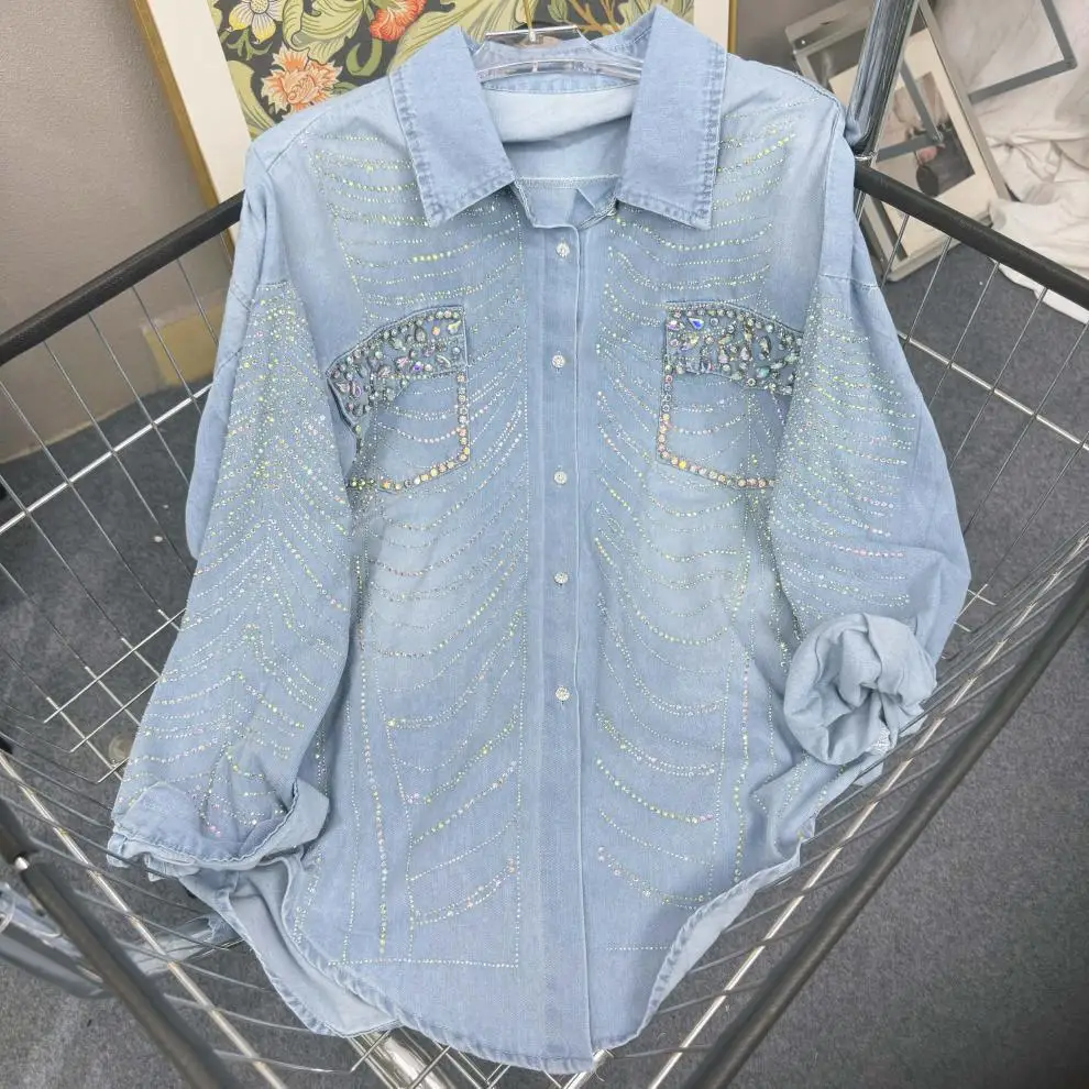 Korean Chic Denim Shirt Jacket Women 2024 Early Spring Women Clothing Striped Crystal Rhinestone Jean Coat Casual Loose Shirt