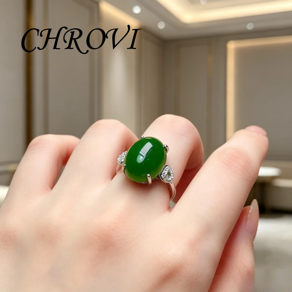 Luxuriöser Ring aus 925er Sterlingsilber mit natürlichem Jade, vergleichbar mit Jadeit, offener Ring für Damen. Retro-Fingerring-Accessoire – Detail 4