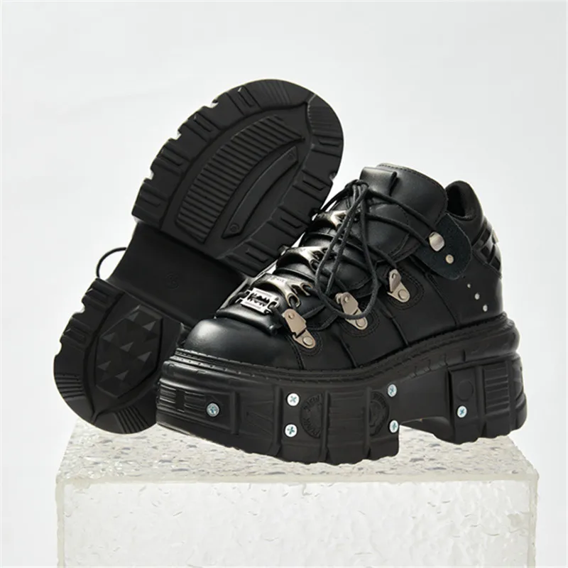 New Fashion Women Lace-Up Sneakers Round Toe Thick Bottom Metal Decoration Woman Ankle Botas Mujer Punk Party Rock Platform Shoe