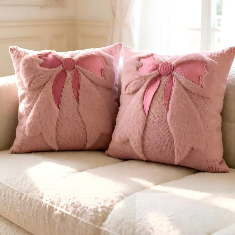 Halloween 3D Bow Pumpkin Plush Cushion Cover Soft Fuzzy Throw Pillow Cover Cute Fall Thanksgiving Pillowcase for Sofa Bedroom