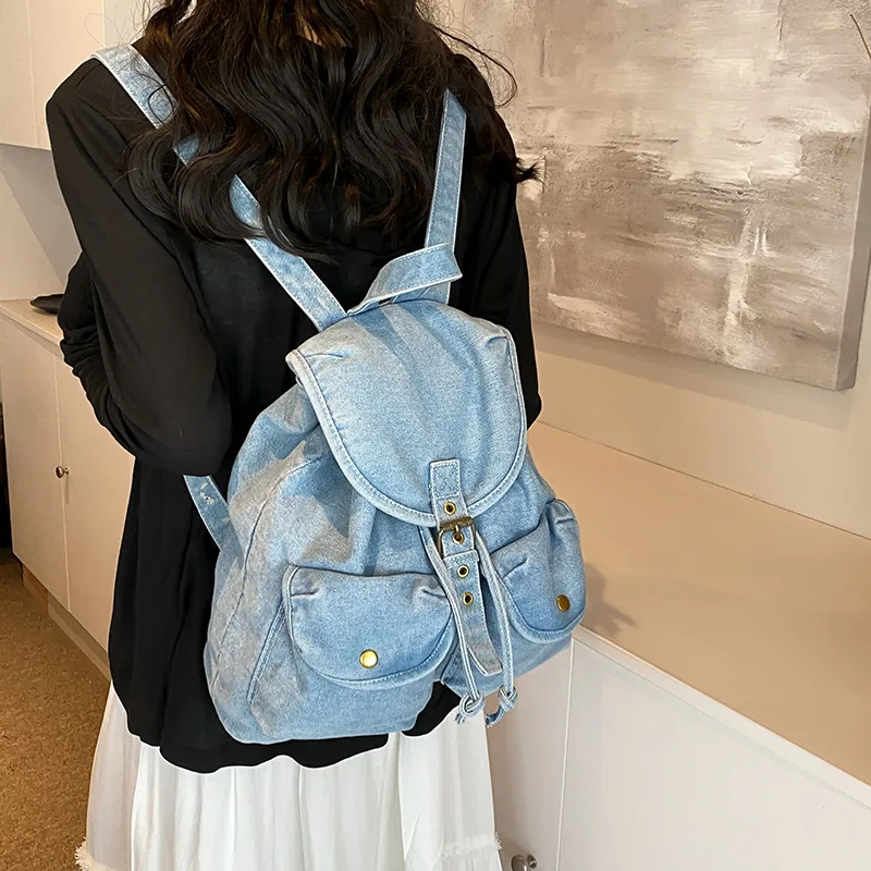 Leisure Denim Drawstring Backpack Korean Small Daypack Canvas Fashion Female Handbag Travel Bagpack Rucksack School Bags 2024