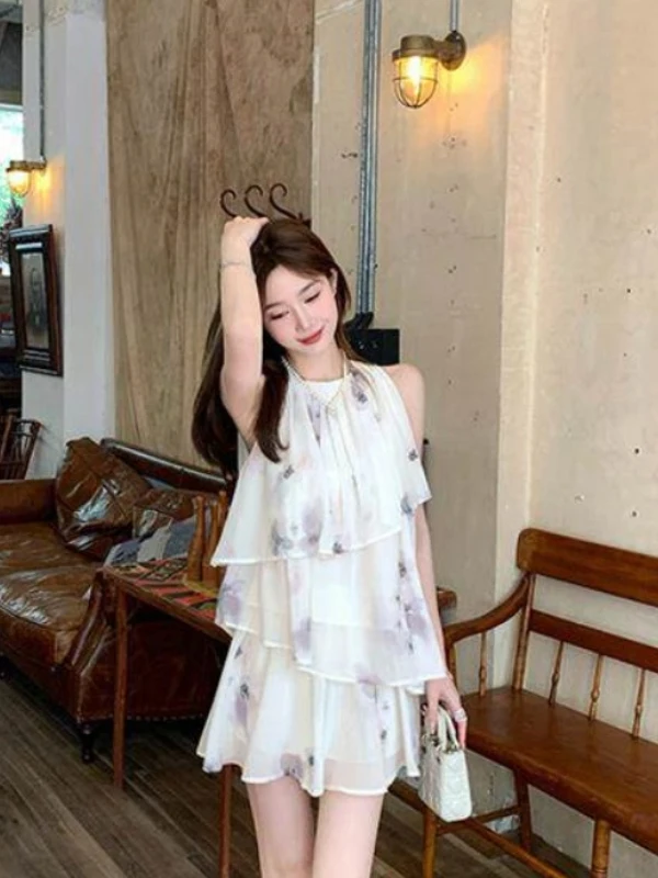 Gentle Breeze Beautiful Neck Hanging Vest Top Shorts Two-Piece Set Women's Summer Dopaamine Holiday Small Size Ensemble
