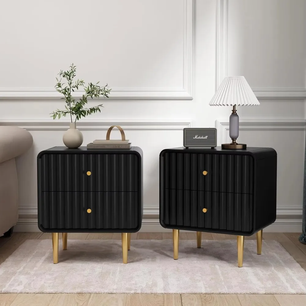 Modern Nightstand Set of 2, Fluted Bedside Table with 2 Drawers, Wooden Nightstand with Gold Metal Handle