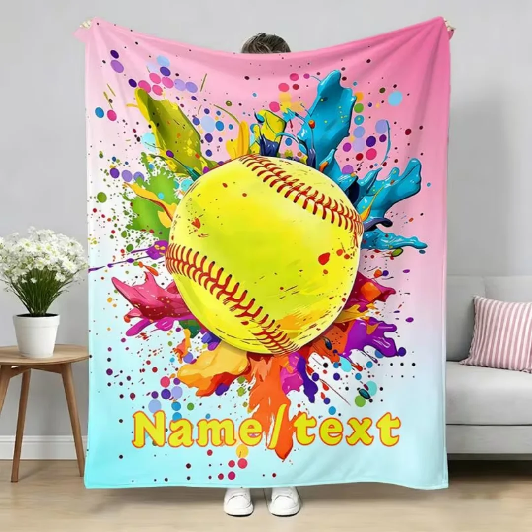 Personalized Custom Name Text Paint‑Splatter Baseball Print Flannel Blanket, Lightweight Soft Warm All‑Season Throw Blanket for