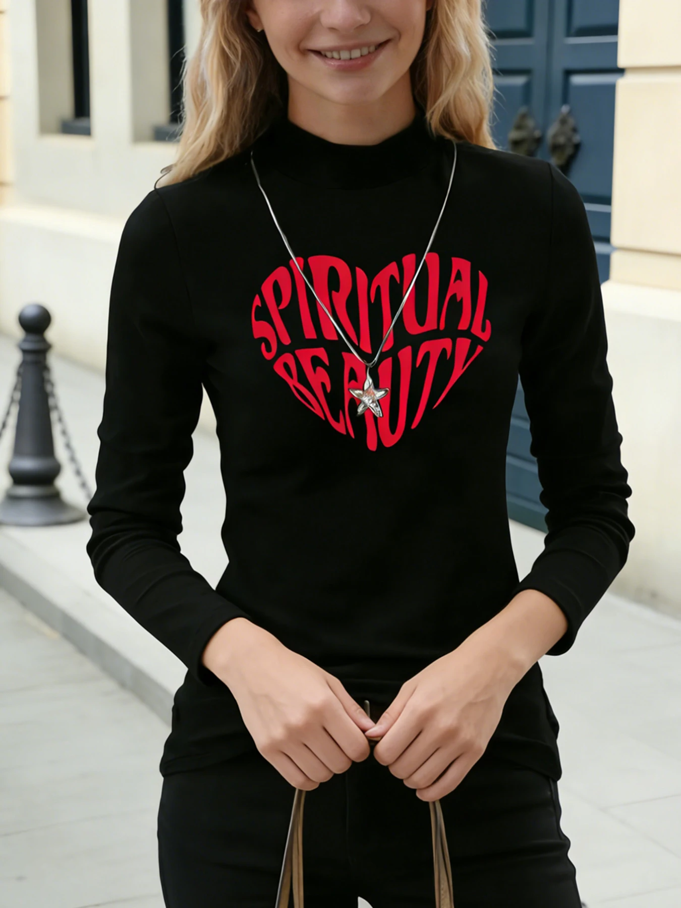 Vrouwen Mock Hals Lange Mouw Tops Rode Spirituele Schoonheid Hart Print Casual Blouse Mode Dagelijks T-shirt Zachte Top Voor Lente Herfst