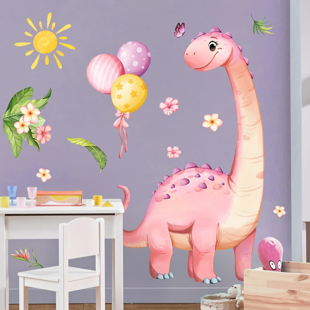 Pink Dinosaur Balloon Wall Stickers Jungle Animal Dino Flower Wall Decals for Girls Baby Nursery Playroom Classroom Toddlers