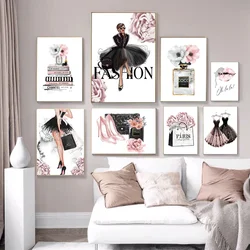 Fashion Woman Perfume Poster Prints Pictures Pink Flower Sexy Lip Make Up Girls Wall Art Canvas Paintings for Nordic Room Decor