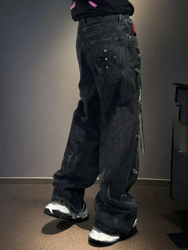 Women Cargo Black Harajuku Blue Jeans Y2K Wide Leg Baggy Punk Denim Trouser Vintage 2000s Aesthetic Emo Loose Washed Pant