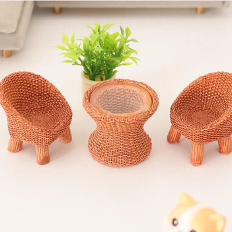 Table ronde en bambou, 3 pièces, chaise Miniature, décoration de scène, ornement, maison de poupée, Mini meubles, modèle artisanal, cadeau