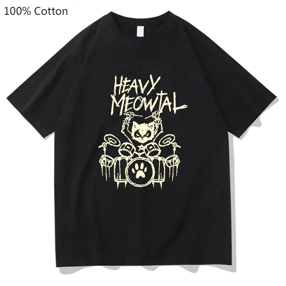 Heavy Meowtal Cat Printed T-shirt Metal Music Funny Graphic Tshirt Fashion Mens Tops Shirt 100% Cotton T Shirts for Summer Male