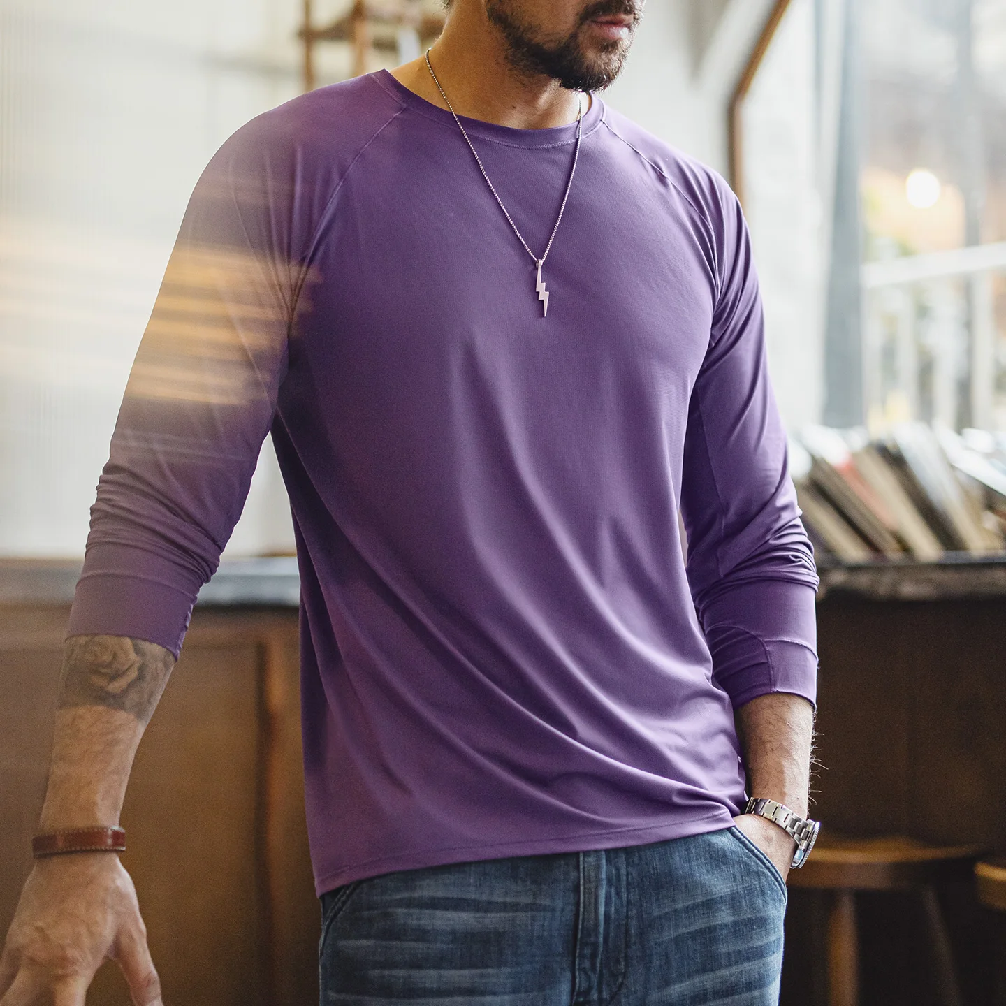 Maden Men's Amekaji Raglan Sleeve Quick Dry Sports T Shirt Sun Protection Solid Color Long Sleeve Cool Touch Base Tee Spring