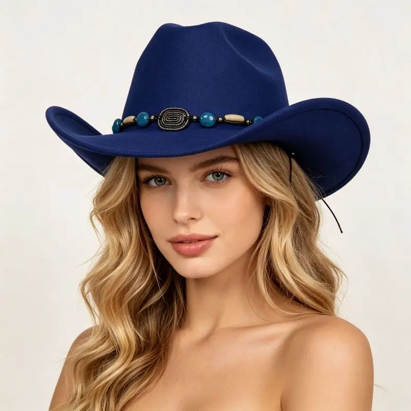 Trendy Western-style cowboy hats, popular in Europe America, with rolled edges and made of woolen fabric; suitable for trave