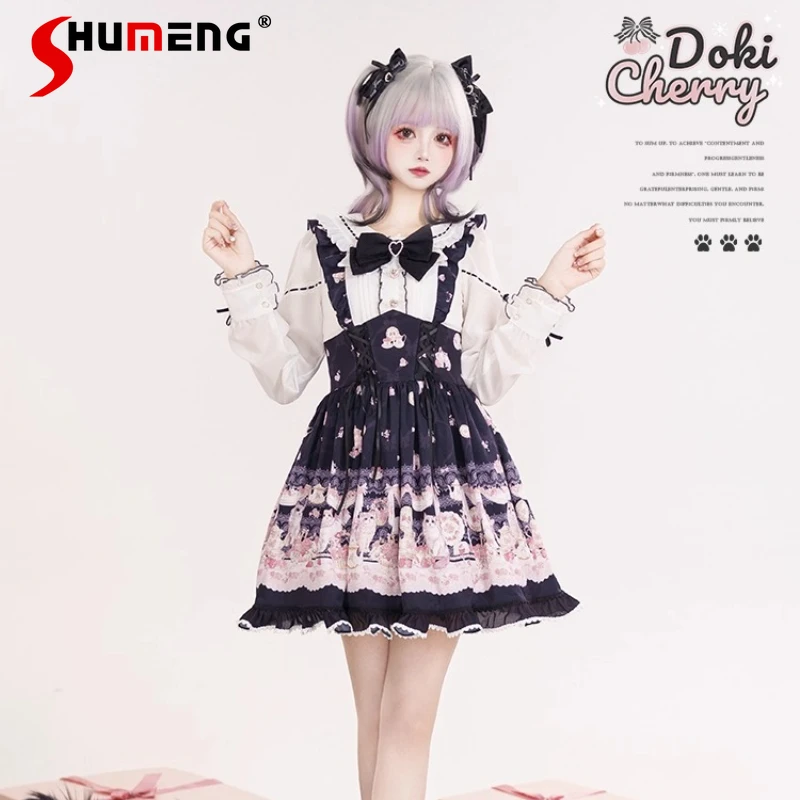 

Japanese Girls Lolita Short Dress Op Autumn New Sweet Cute Bow Print Long Sleeve Dress Princess Tea Party Dress Knitted Cardigan