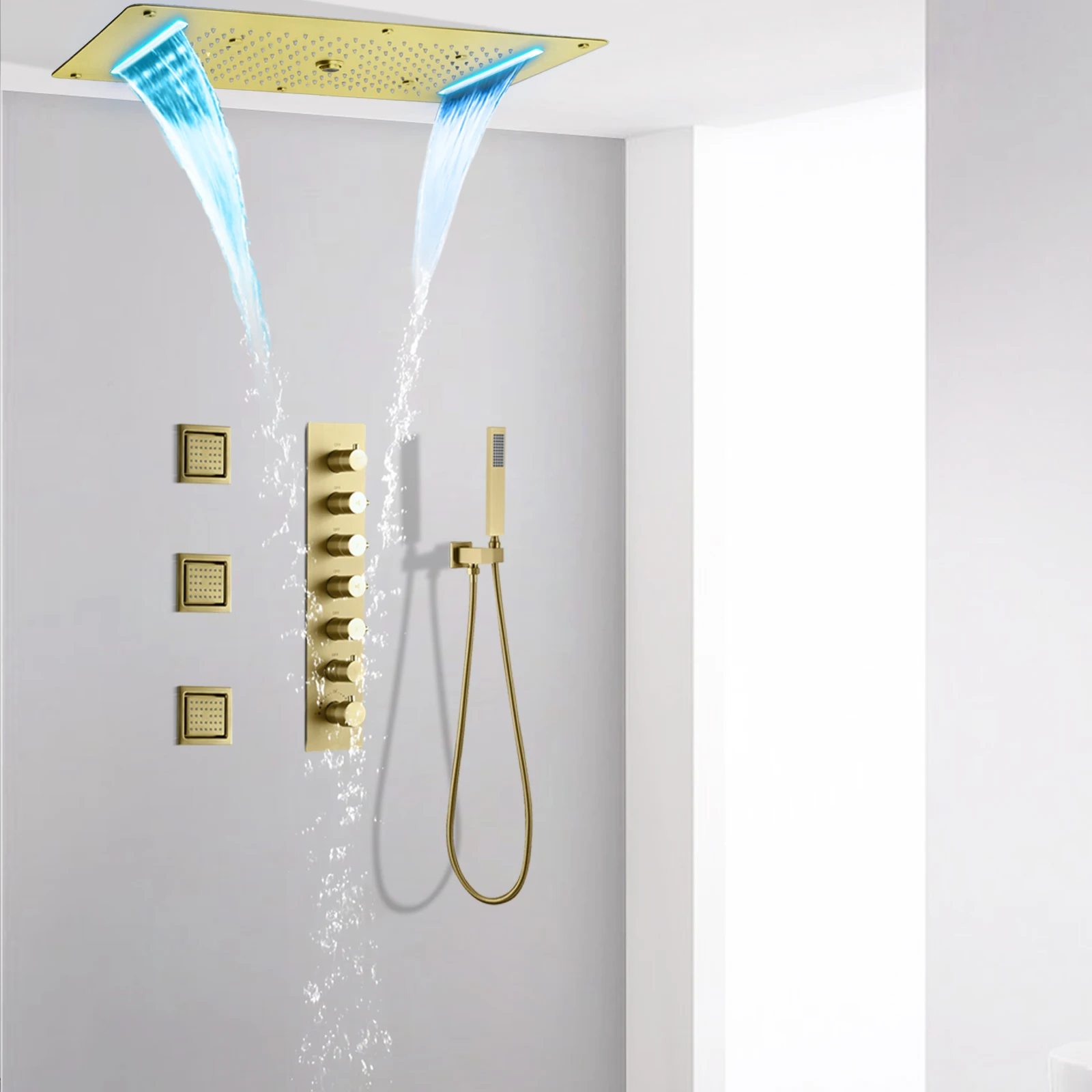 Luxury Brushed Gold Bathroom Concealed LED Shower System Waterfall Rain Shower Faucet Spray Shower Column Massage Set