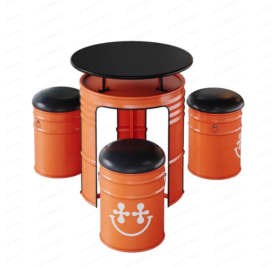 

Retro Wrought Iron Cafe Table and Chair Combination American Bistro Oil Barrel Table Industrial Style Leisure Bar Table Dining