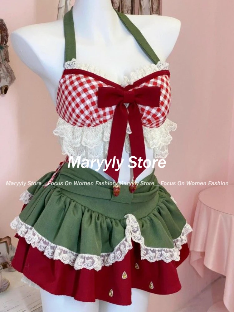 Summer Japanese Sweet Lolita 2 Piece Set Women Kawaii Bow Lace Halter Neck Crop Tops Mini Cake Skirts Female Beach Outfits New