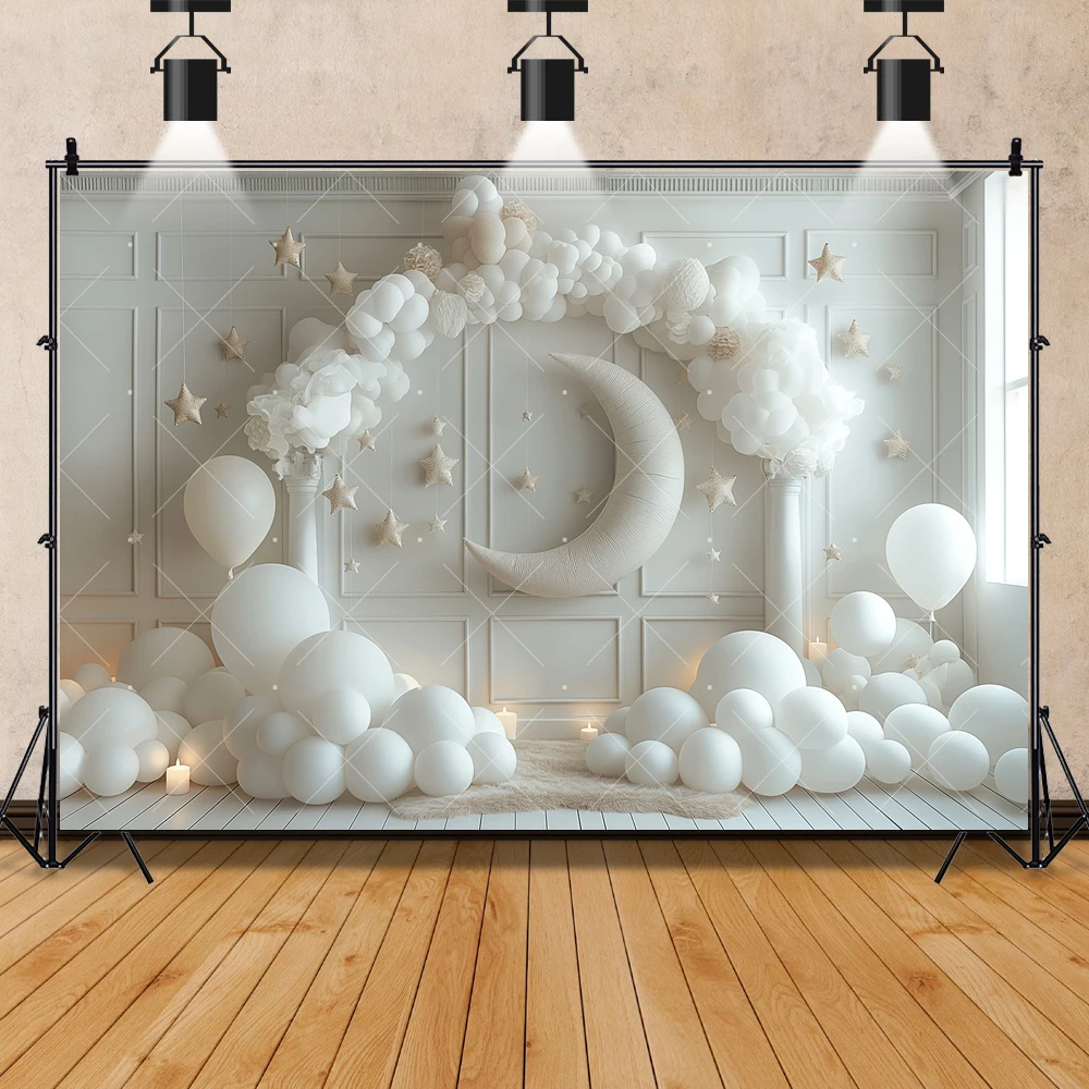 White Wall Backdrop Custom Cotton Cloud Moon Stars Decor Baby Shower Kids Birthday Portrait Photography Background Photo Studio