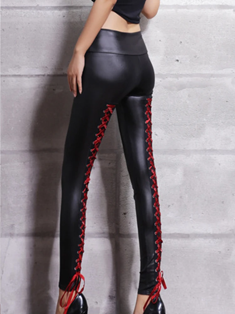 Faux Leather Pencil Pants Bandage Lace Up Sexy Leggings Women Clubwear Party Female Bottoms High Waist Tights