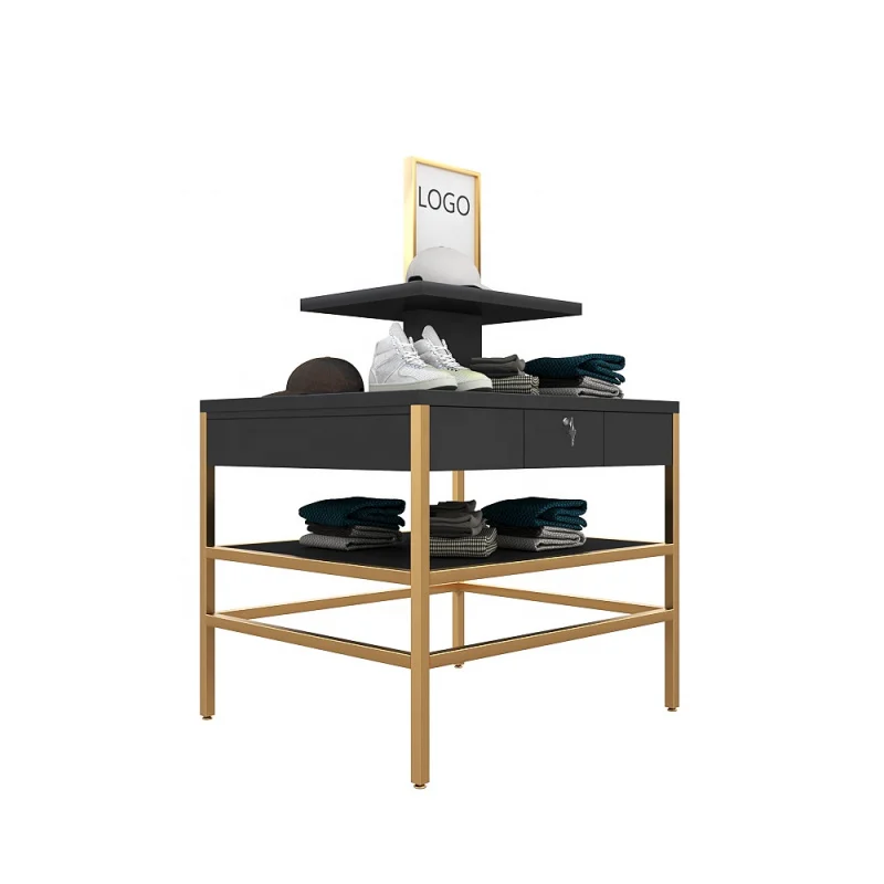 custom.Multi purpose use custom wood 3 tier locked drawer iron frame cloth shop top stand clothing table display