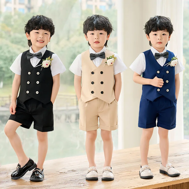 

Children's Spring Summer Gentleman Vest Suit Set Boys British Performance Wedding Party Dress Kids Waistcoat Shorts Bowtie