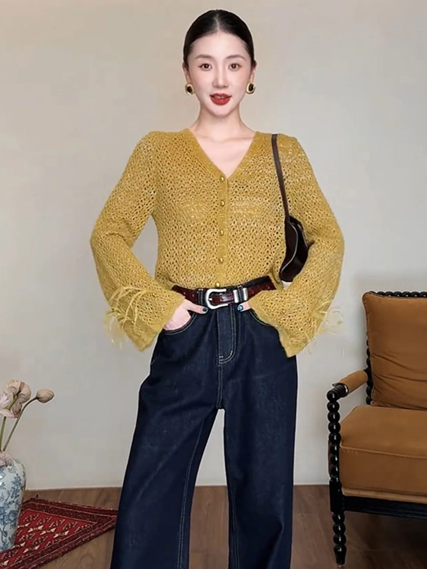 

Faionable Long Sve, удобный цветной трикотаж, верхняя одежда, корейский женский топ на пуговицах с V-образным вырезом