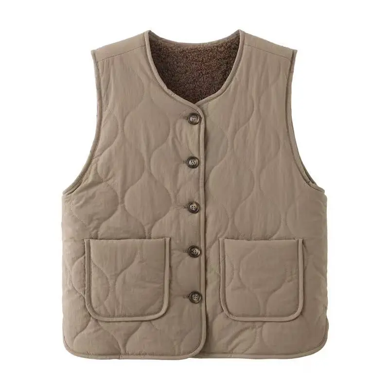 Women Winter Vest Quilted Cotton Vest Coat Sleeveless V-neck Lose Female Casual Vest Plush Lining Keep Warm Outdoor Clothes