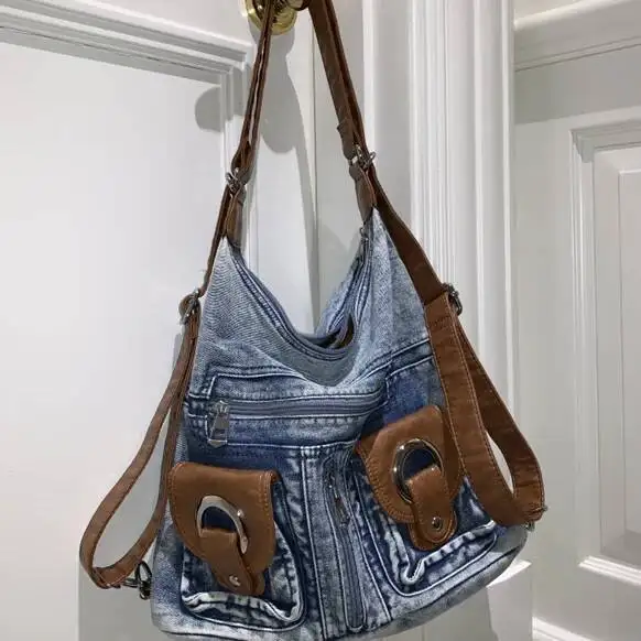 

Bloom Punk Denim Y2k Bag Women 2023 High Street Pockets Chic Vintage Backpack Ladies Haruku Casual Messenger Bags Versatile