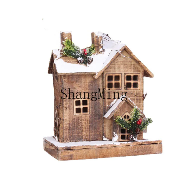 

PYH new wooden Christmas decorations luminous wooden house snow house hotel bar Christmas wooden tabletop
