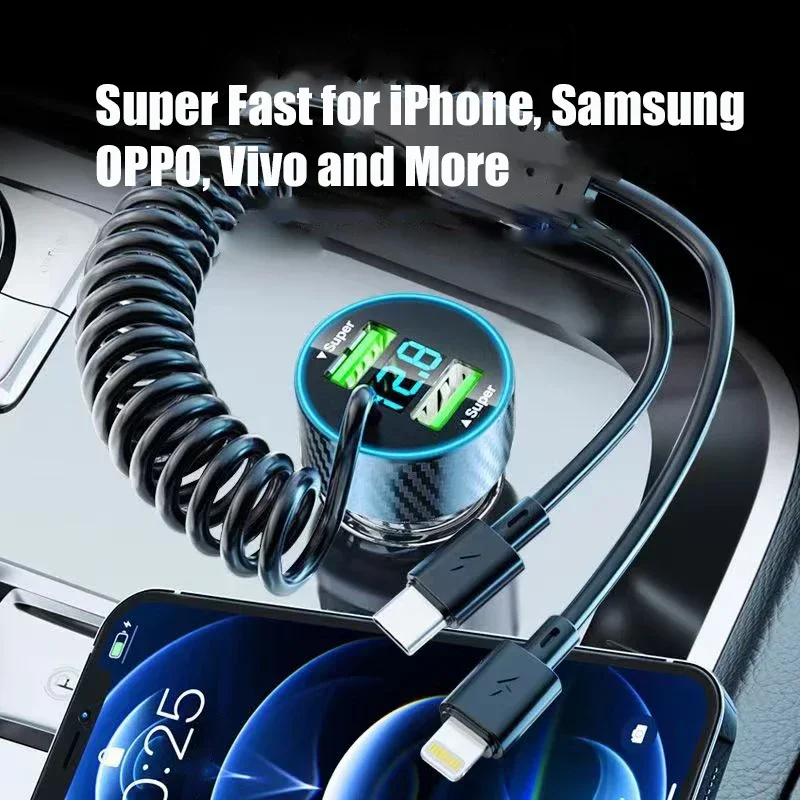 

UYUXIO Multi Port USB Car Charger Adapter with Cable Super Fast Charge with Voltage Display for iPhone 16 15 Pro Max 14 Samsung