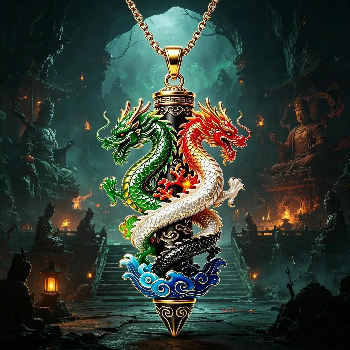 Chinese Traditional Double Dragon Enamel Pendant Necklace Men Feng Shui Lucky Wealth Protection Statement Enamel Charm Jewelry