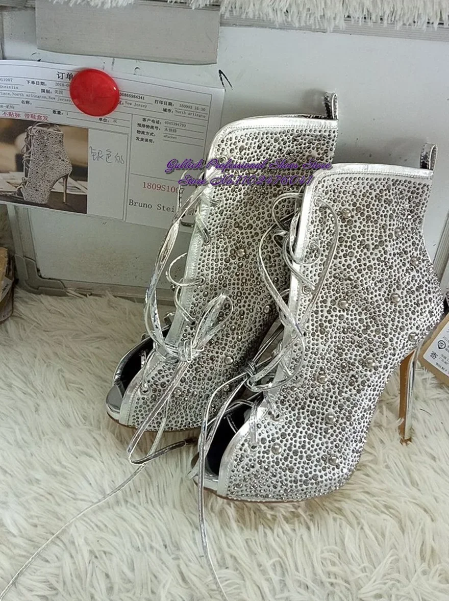 Bling Bling Peep Toe Crystal Stiletto Tacones altos finos Botas Oro Plata Diamante Sandalia Botines Glitter Rhinestone Zapatos con cordones