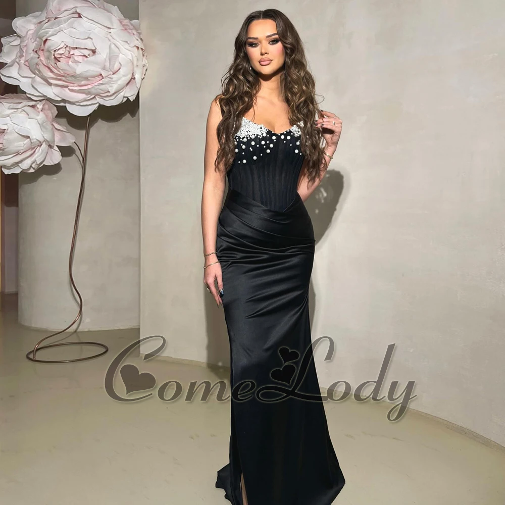 

Comelody Fashionable Trumpet Evening Dresses for Women Pearls Ruched High Slit Spaghetti Straps Satin Vestidos Robes De Soiree