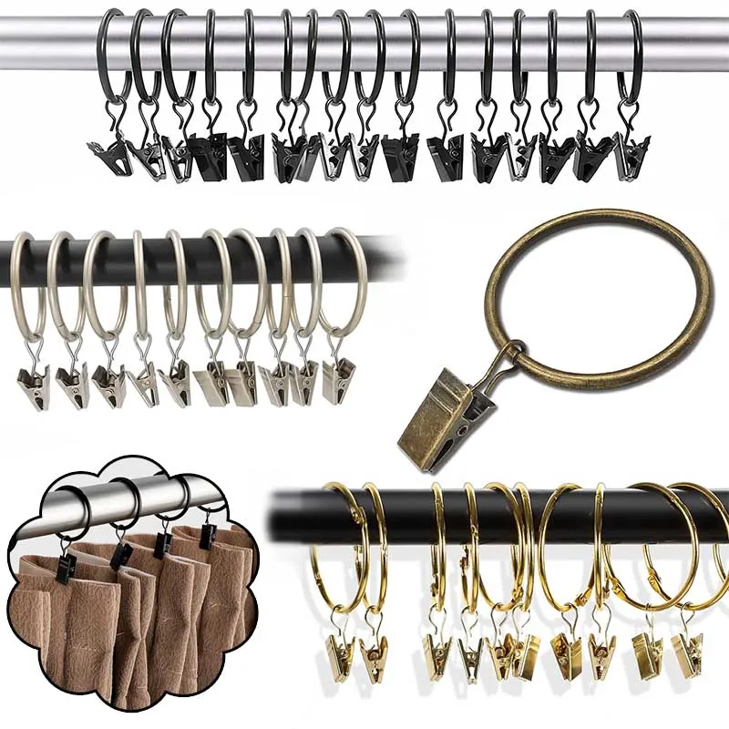 Metal Curtain Rod Clip with Rings Hooks Retro Drapes Tie Buckles Home Bedroom Bathroom Decorative Hanger Shower Curtain Clips