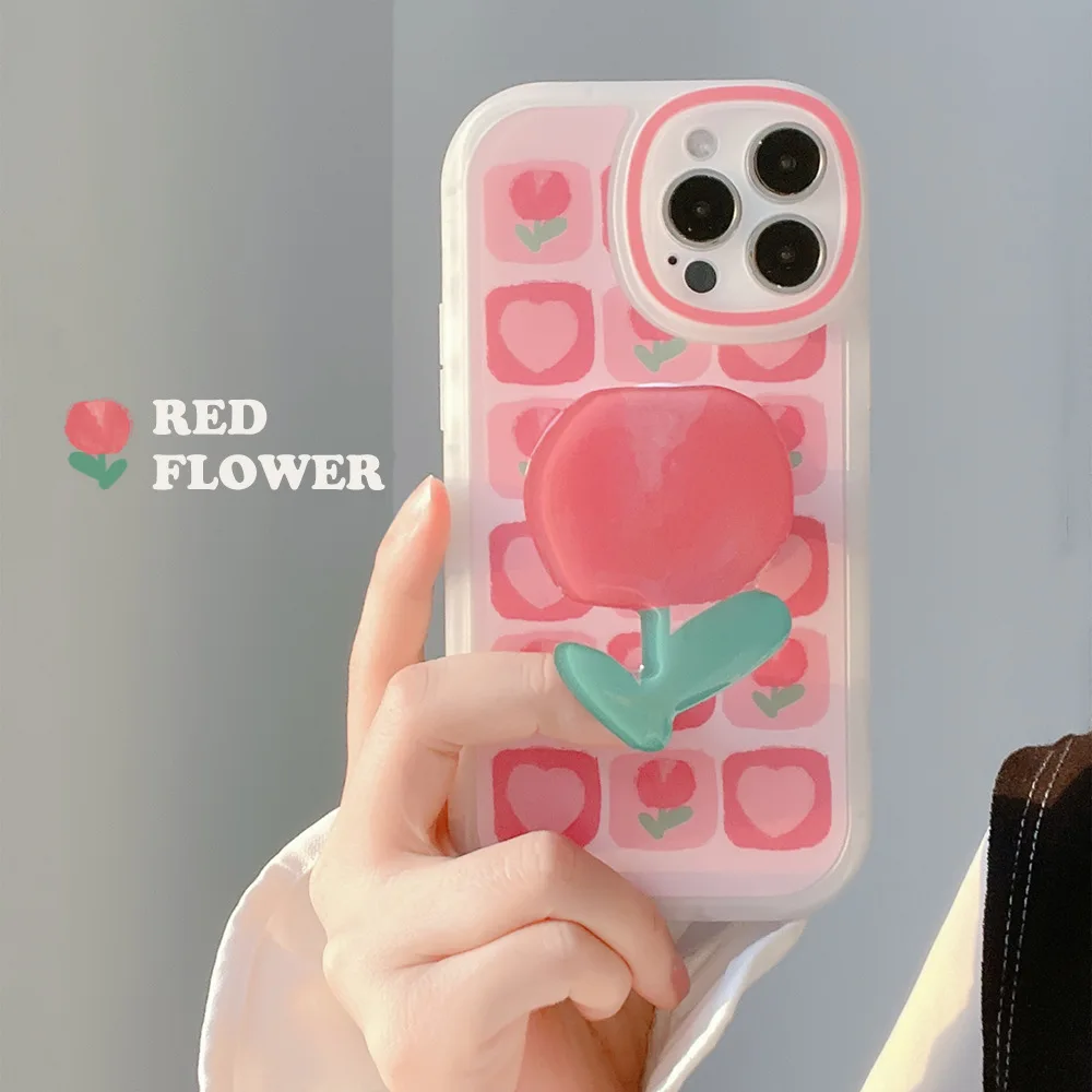 Dulce niñas verano tulipán soporte funda de teléfono para iPhone 16 15 14 13 12 Pro Max 14 15 16 Plus funda bonita de dibujos animados suave