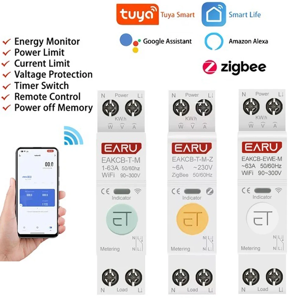 Tuya WiFi Zigbee eWelink Smart Circuit Breaker MCB 1-63A Adjustable Energy Voltage Current Meter Protector Remote Control Switch