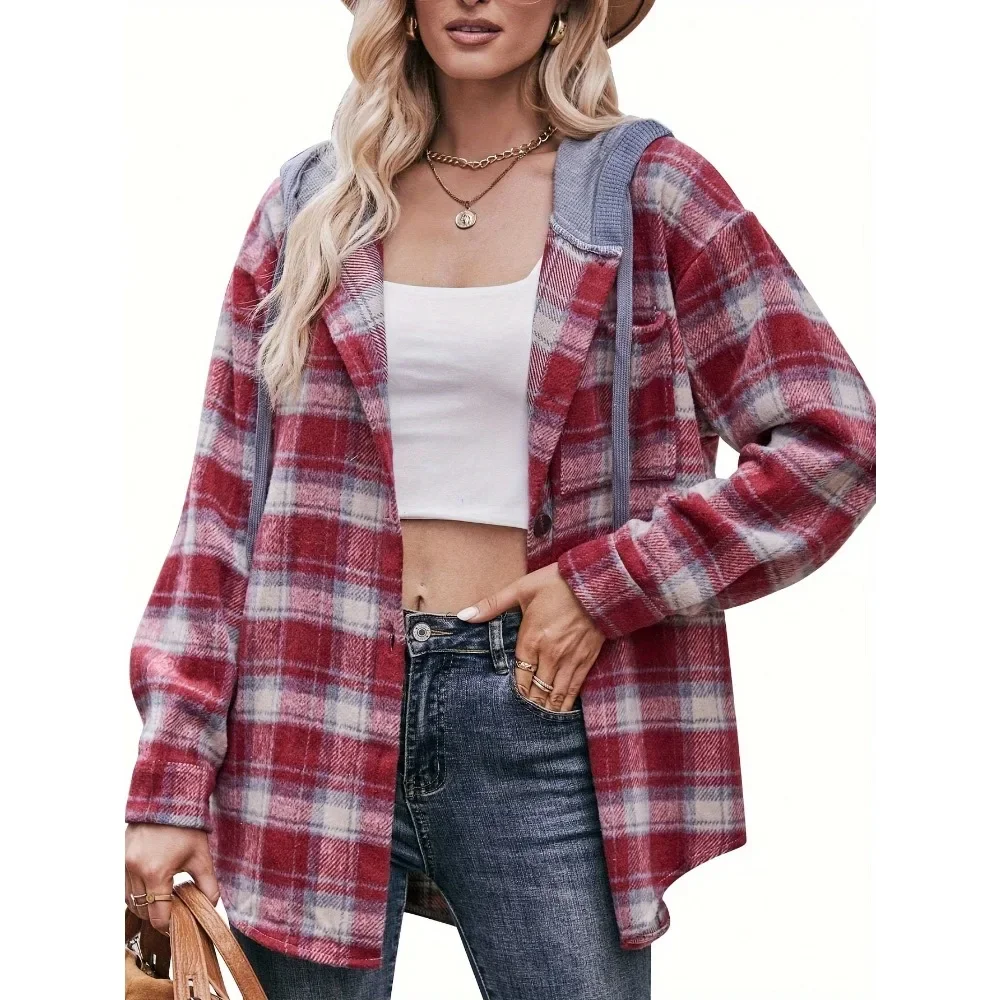 حجم كبير 1XL-5XL المرأة موضة كم طويل الخريف والشتاء الفانيلا منقوشة سترة السيدات عادية زر وهمية الرقبة سترة