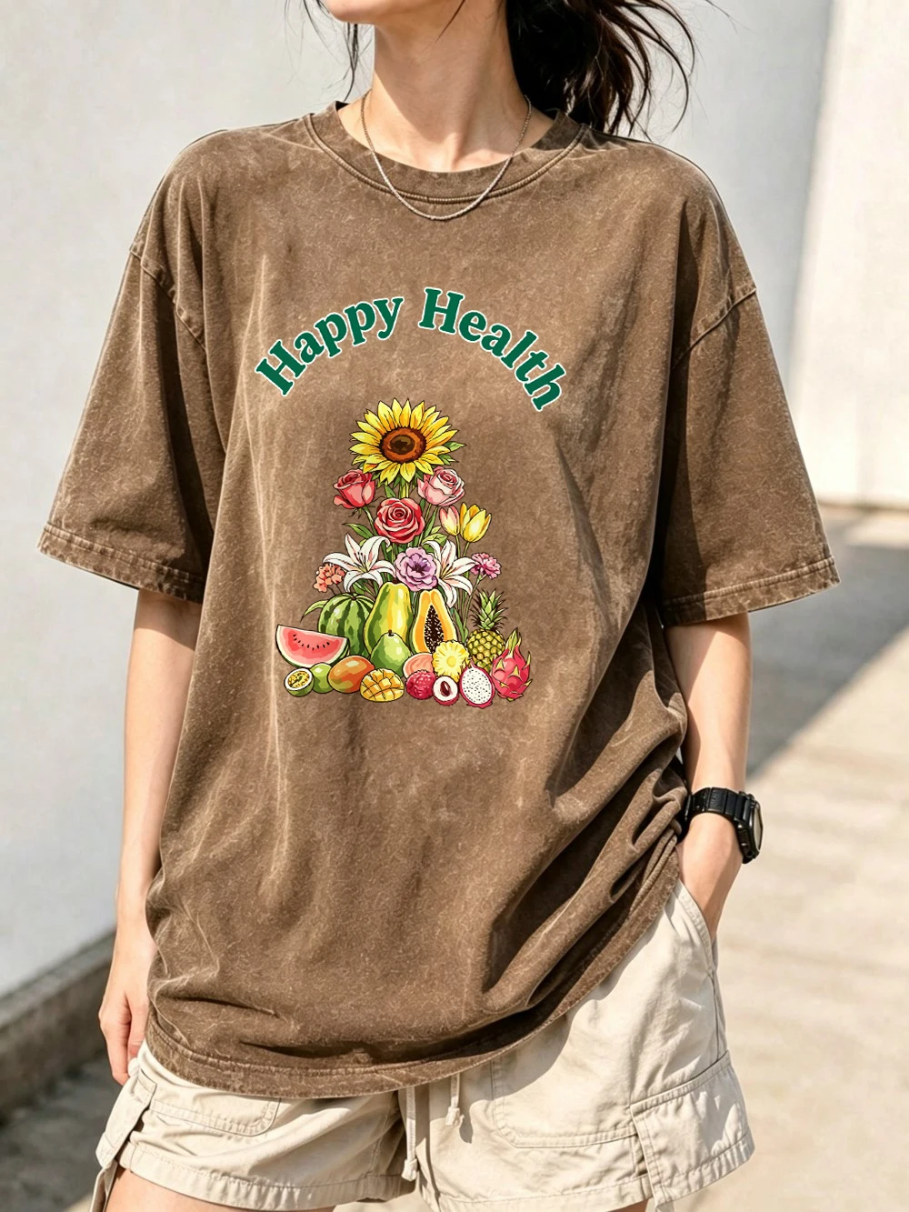 Happy Health Fruits Floral Prints Washed T-Shirts Womens Cotton Oversized Tops Casual O-Neck Comfortable Tees Summer Clothes