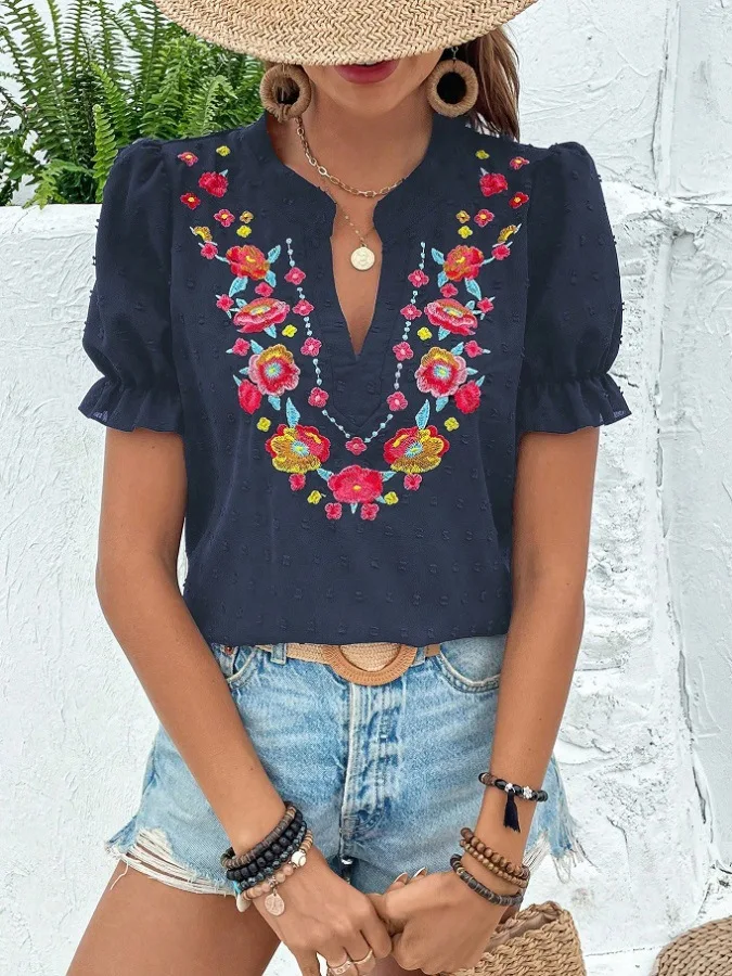 

Embroidery Flowers Women's Chiffon Shirts Summer 2025 Vintage Loose Casual Pullvers Short Sleeve Tops V-Neck Puff Sleeve Blouses