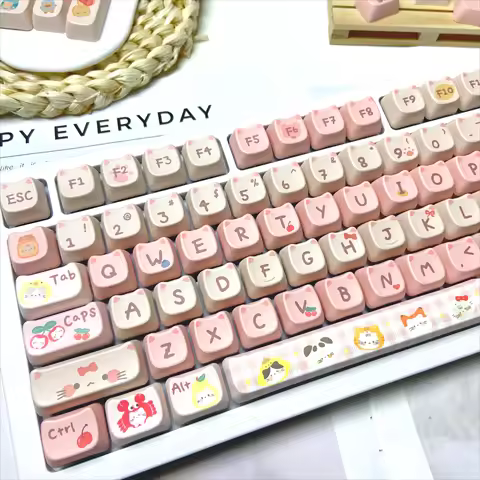Cute Pink Cat Paradise Them KeyCaps MAO Profile Keycaps Custom for Mechanical Keyboard Key Caps for Girls Keyboard DIY Decor