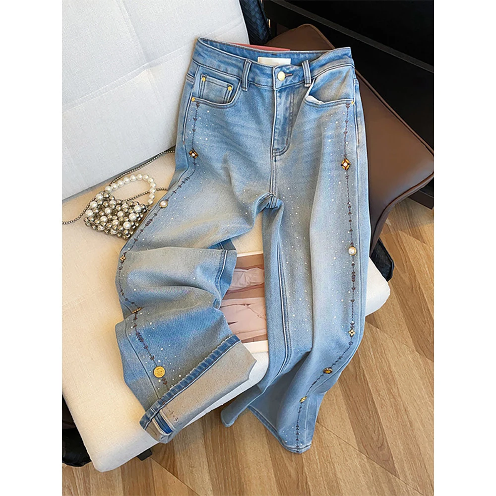 Elegant Sequin Rivet Wide Leg Jeans for Women Glitter Dot High Waist Light Washed Denim Pants Embroidery Casual Loose Pants