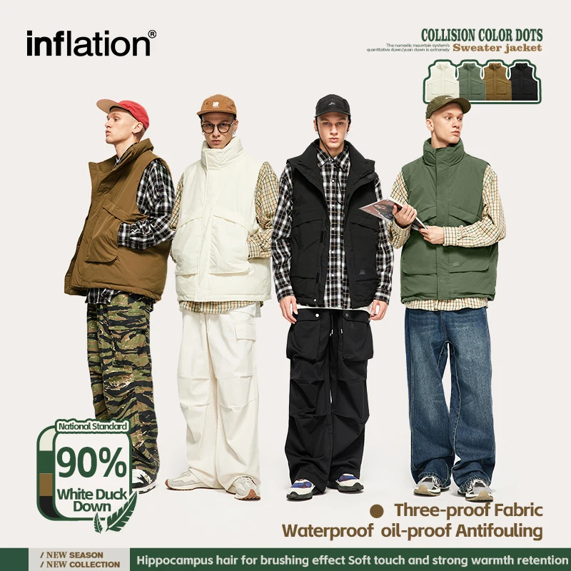 INFLATION Plain Windproof Down Vest Men Stand Collar 90% White Duck Puffer Sleeveless Jacket Male Warm Outerwear